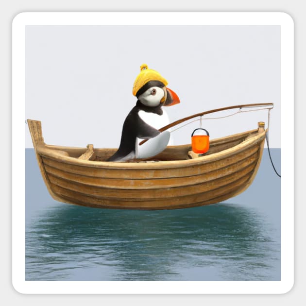 Cute Puffin in a Rowboat on the Ocean Sticker by YegMark